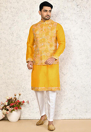 Embroidered Art Silk Kurta Set in Yellow