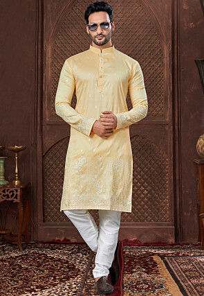 Embroidered Art Silk Kurta Set in Yellow