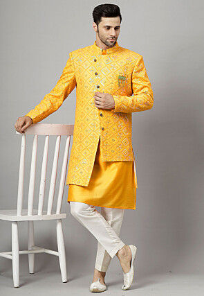 Embroidered Georgette Sherwani in Yellow