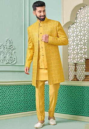 Embroidered Art Silk Kurta Set in Yellow