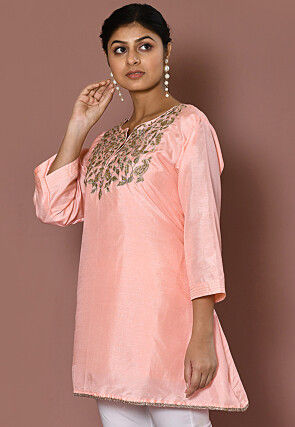 Embroidered Art Silk Kurti in Peach