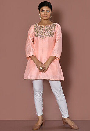 Embroidered Art Silk Kurti in Peach