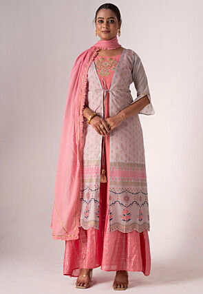 Embroidered Art Silk Layered Abaya Style Suit in Pink and Grey