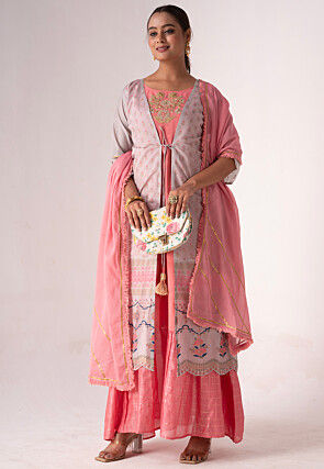 Embroidered Art Silk Layered Abaya Style Suit in Pink and Grey