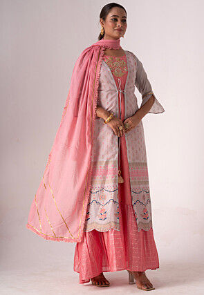 Embroidered Art Silk Layered Abaya Style Suit in Pink and Grey