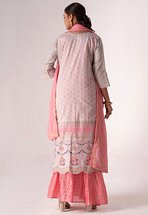 Embroidered Art Silk Layered Abaya Style Suit in Pink and Grey