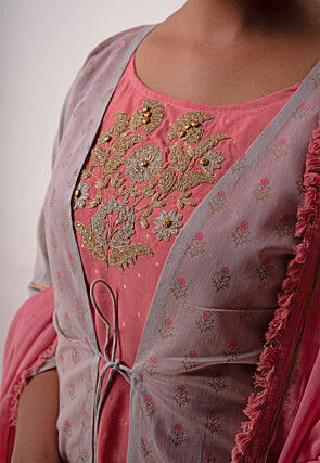 Embroidered Art Silk Layered Abaya Style Suit in Pink and Grey