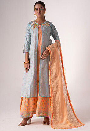Embroidered Art Silk Layered Abaya Style Suit in Sky Blue and Peach