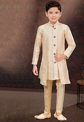 Embroidered Art Silk Layered Sherwani in Beige and Cream