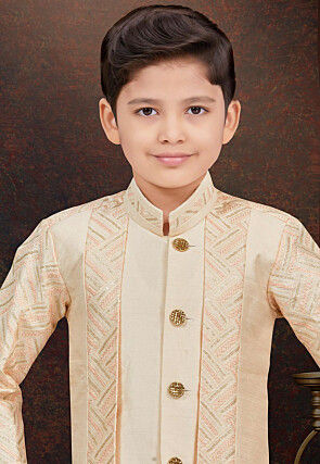 Embroidered Art Silk Layered Sherwani in Beige and Cream
