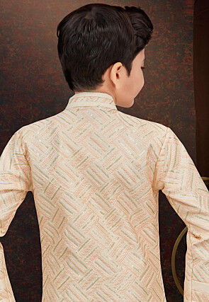 Embroidered Art Silk Layered Sherwani in Beige and Cream