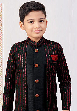 Embroidered Art Silk Layered Sherwani in Black