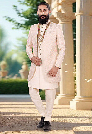 Embroidered Art Silk Layered Sherwani in Cream