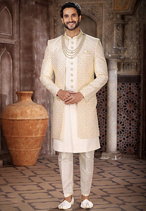 Embroidered Art Silk Layered Sherwani in Cream