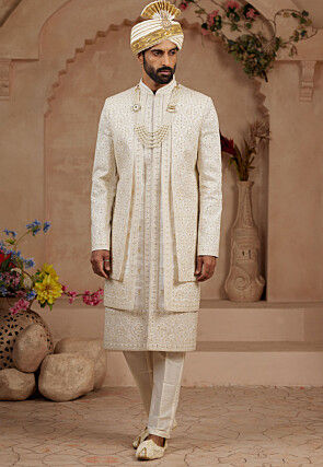 Embroidered Art Silk Layered Sherwani in Cream