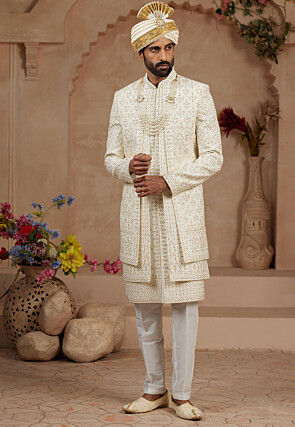 Embroidered Art Silk Layered Sherwani in Cream