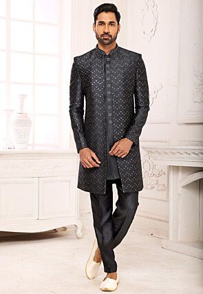 Embroidered Art Silk Layered Sherwani in Dark Grey