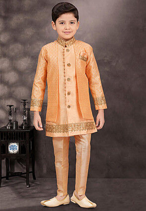 Embroidered Art Silk Layered Sherwani in Light Orange