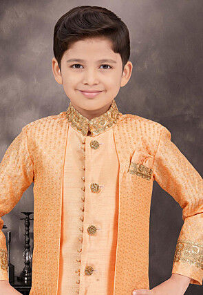 Embroidered Art Silk Layered Sherwani in Light Orange