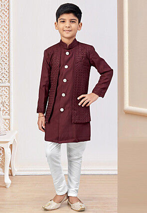 Embroidered Art Silk Layered Sherwani in Maroon