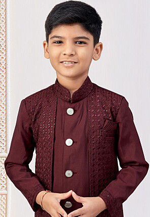 Embroidered Art Silk Layered Sherwani in Maroon