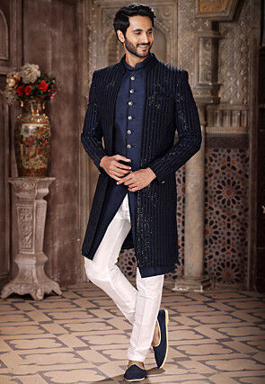 Embroidered Art Silk Layered Sherwani in Navy Blue