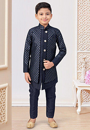 Embroidered Art Silk Layered Sherwani in Navy Blue
