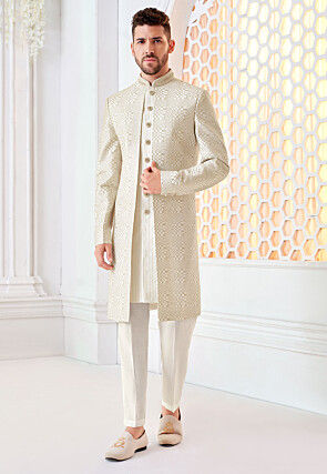 Embroidered Art Silk Layered Sherwani in Off White