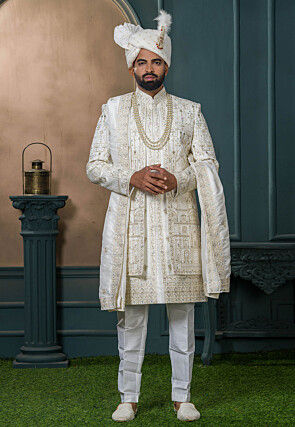 Embroidered Art Silk Layered Sherwani in Off White