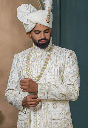 Embroidered Art Silk Layered Sherwani in Off White