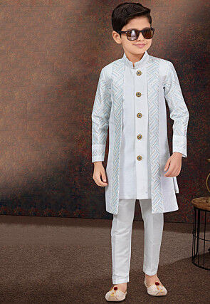 Embroidered Art Silk Layered Sherwani in Off White