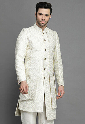 Embroidered Art Silk Layered Sherwani in Off White