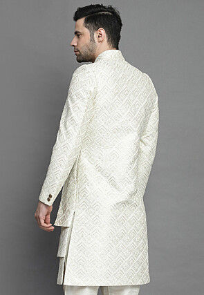 Embroidered Art Silk Layered Sherwani in Off White