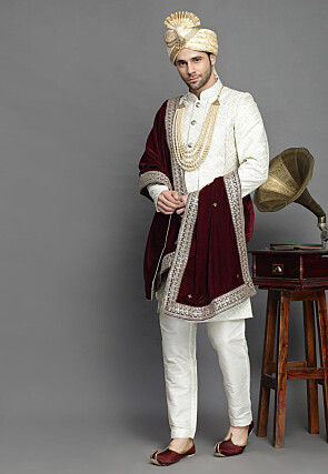 Embroidered Art Silk Layered Sherwani in Off White