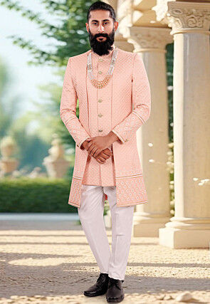 Embroidered Art Silk Layered Sherwani in Peach