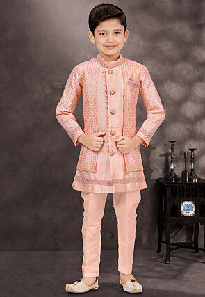 Embroidered Art Silk Layered Sherwani in Peach