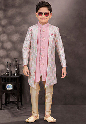 Embroidered Art Silk Layered Sherwani in Pink and Off White