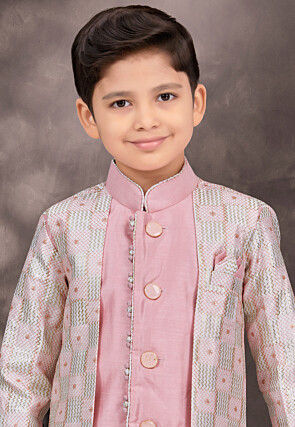 Embroidered Art Silk Layered Sherwani in Pink and Off White
