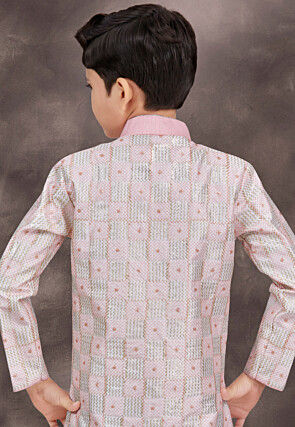 Embroidered Art Silk Layered Sherwani in Pink and Off White
