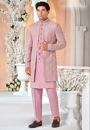 Embroidered Art Silk Layered Sherwani in Pink