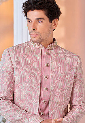 Embroidered Art Silk Layered Sherwani in Pink