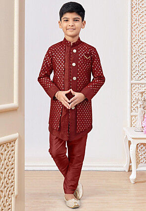 Embroidered Art Silk Layered Sherwani in Red