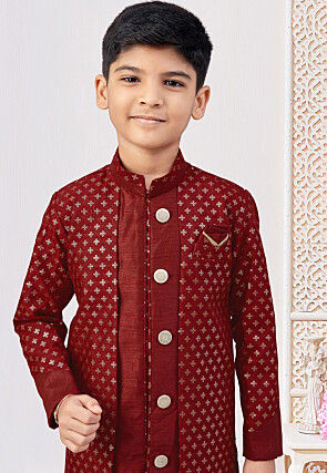 Embroidered Art Silk Layered Sherwani in Red