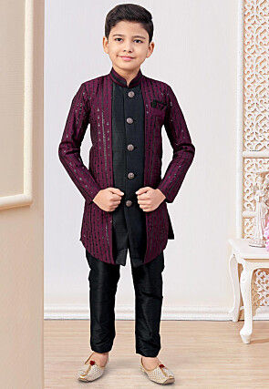 Embroidered Art Silk Layered Sherwani in Wine and Black