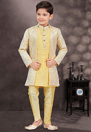 Embroidered Art Silk Layered Sherwani in Yellow