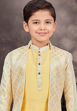 Embroidered Art Silk Layered Sherwani in Yellow