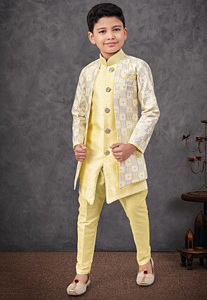 Embroidered Art Silk Layered Sherwani in Yellow