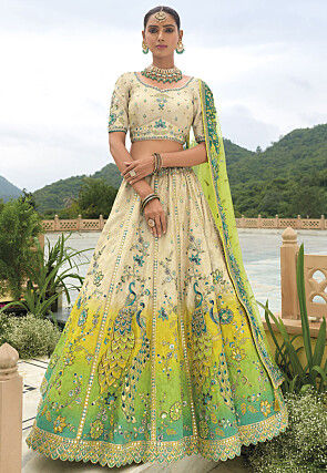 Embroidered Art Silk Lehenga in Beige and Multicolor