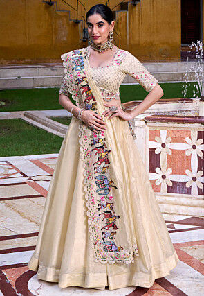 Embroidered Art Silk Lehenga in Beige