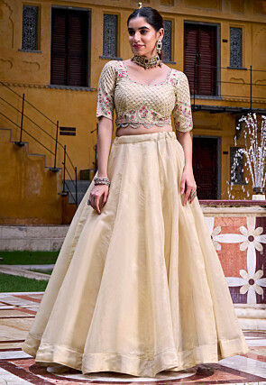 Embroidered Art Silk Lehenga in Beige